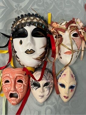 Set of 5 Decorative Venetian-Style Masks in White, Pink, Coral & Multi